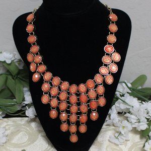 Gold tone and faux Coral Stone Statement Bib Necklace 14.5" - 20"